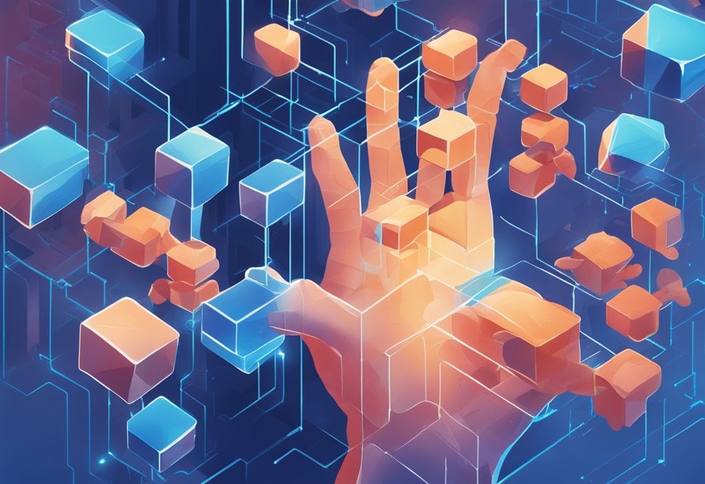 Moderne digitale Malerei mit blauen Farbtönen, Hand platziert letzten Block in vernetztem digitalen Netz, symbolisiert Erstellung einer benutzerdefinierten Blockchain.