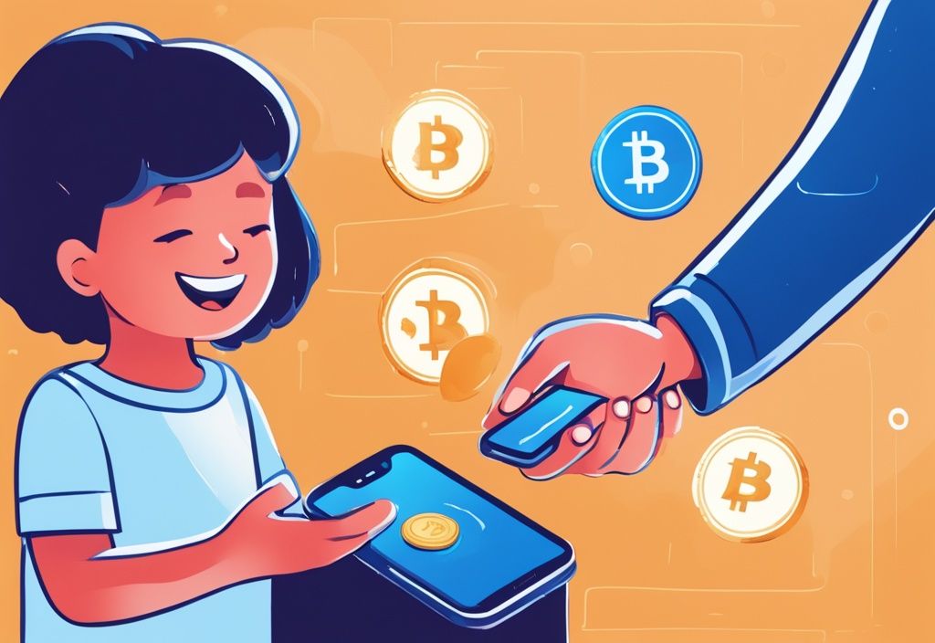 Kind malt glücklich, als es einen digitalen Coin von einem Smartphone erhält, gehalten von einer Erwachsenenhand, symbolisiert den Crypto Freibetrag.
