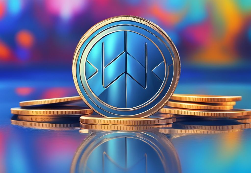 Moderne digitale Malerei mit blauem Farbschema, glänzende Myro Coin auf reflektierender Oberfläche, umgeben von buntem abstraktem Hintergrund