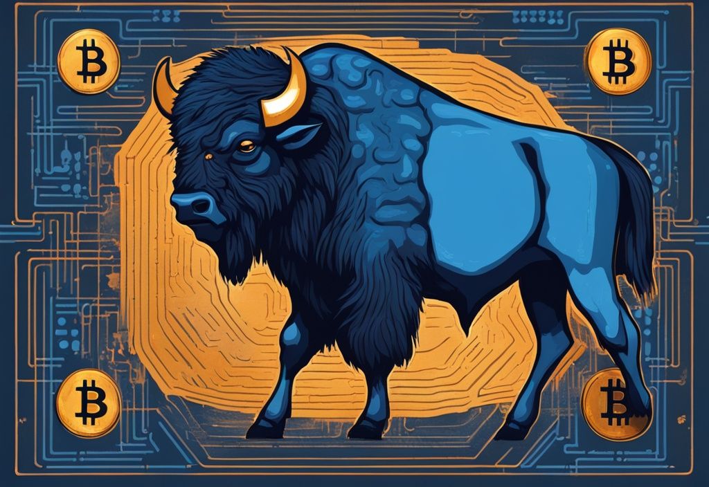 Moderne digitale Malerei mit einem blauen Farbschema, ein Bison im Blockchain-Stil überträgt symbolisch Bitcoin in eine digitale Geldbörse.
