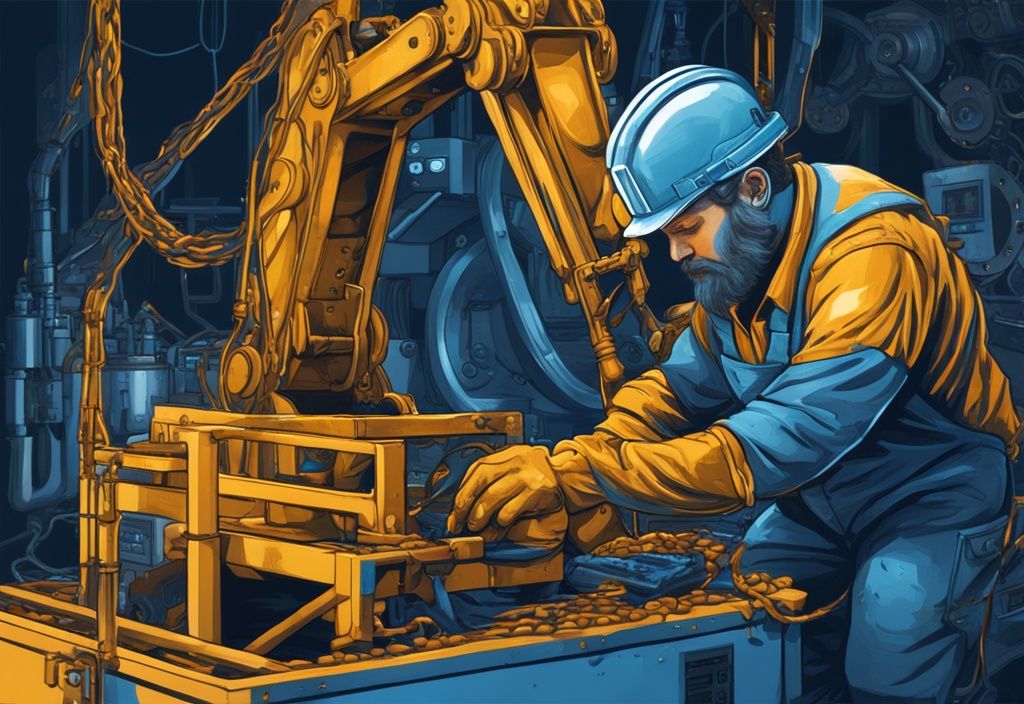 Moderner digitaler Gemäldeillustration eines Minenarbeiters, umgeben von fortschrittlicher Technologie, der den letzten goldenen Bitcoin aus einer digitalen Quelle extrahiert, Hauptfarbthema Blau.