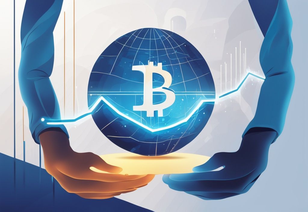 Moderne digitale Illustration in Blau mit einer Kristallkugel, die einen wachsenden Bitcoin-Trend für 2024 zeigt.