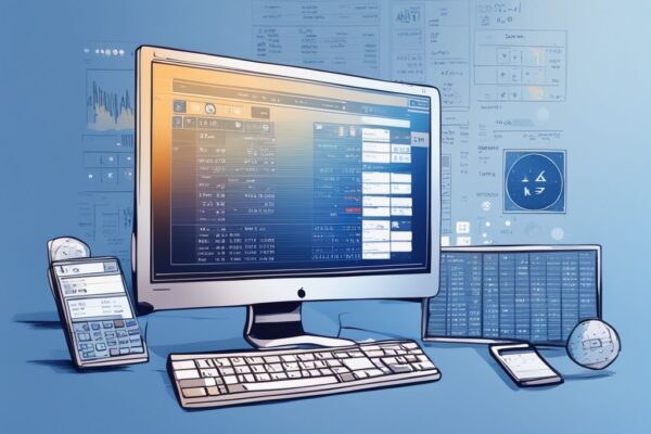 Modernes digitales Gemälde mit blauem Farbschema, das einen Computer mit einer Software-Benutzeroberfläche zeigt, die verschiedene Berechnungen zur Kryptowährungssteuer anzeigt; Krypto Steuer Tool.