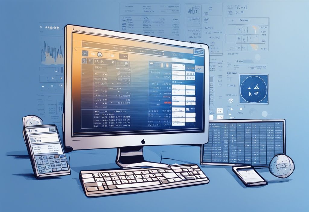 Modernes digitales Gemälde mit blauem Farbschema, das einen Computer mit einer Software-Benutzeroberfläche zeigt, die verschiedene Berechnungen zur Kryptowährungssteuer anzeigt; Krypto Steuer Tool.