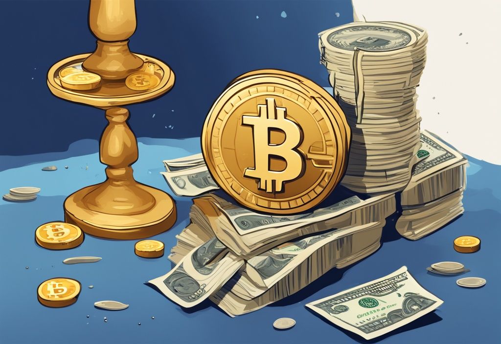Moderne digitale Illustration in Blau: Eine goldene Bitcoin-Münze überwiegt einen großen Stapel Dollar-Scheine auf einer Waage - warum ist Bitcoin so viel wert?