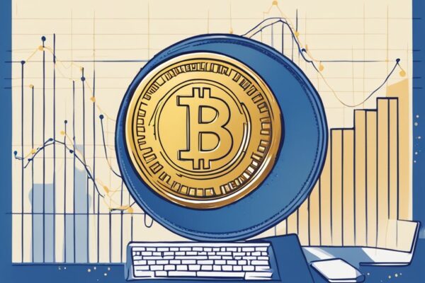 Moderne digitale Malerei mit blauem Farbschema: Goldene Gram Coin auf einem aufsteigenden Graphen, daneben ein Desktop-Computer mit vereinfachtem Blockchain-Netzwerk - was ist Gram Coin