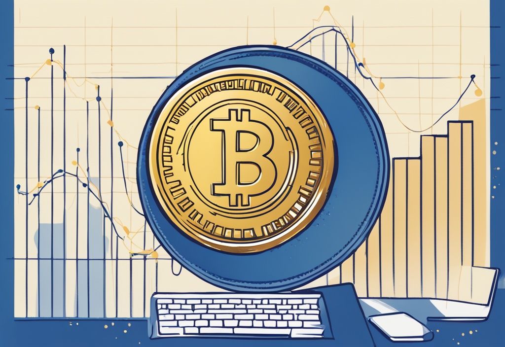 Moderne digitale Malerei mit blauem Farbschema: Goldene Gram Coin auf einem aufsteigenden Graphen, daneben ein Desktop-Computer mit vereinfachtem Blockchain-Netzwerk - was ist Gram Coin
