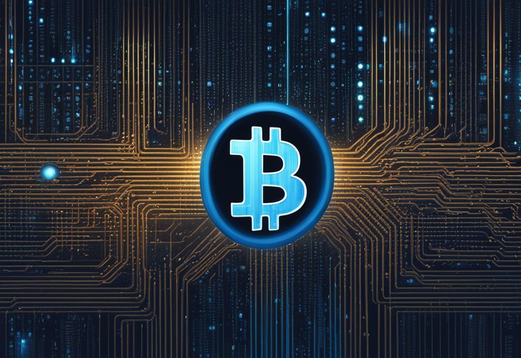 Moderne digitale Malerei mit blauem Farbschema, digitaler Matrix-Hintergrund, dreidimensionales metallisches Full Node-Logo, umgeben von sichtbaren Ketten aus Binärcode, die Bitcoin-Transaktionen darstellen.