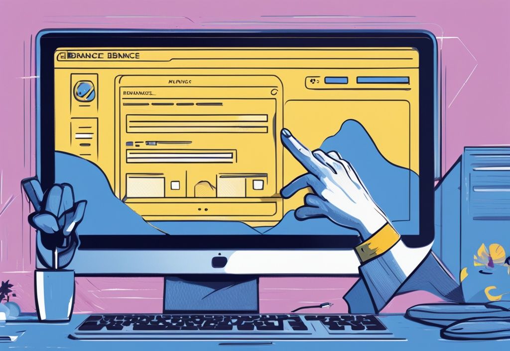 Moderne digitale Malerei, blaue Farbthematik, Hand zeigt auf "Konto eröffnen" Button auf der Binance Website