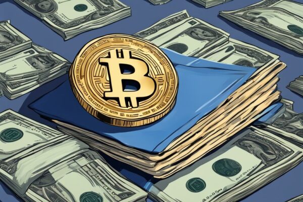 Verstehen Sie Warum ist Bitcoin so viel wert – Der Leitfaden Zum Bitcoin Wert Moderne digitale Illustration mit blauem Farbschema, eine goldene Bitcoin-Münze überwiegt auf einer Waage einen großen Stapel Dollar-Scheine, warum ist Bitcoin so viel wert.