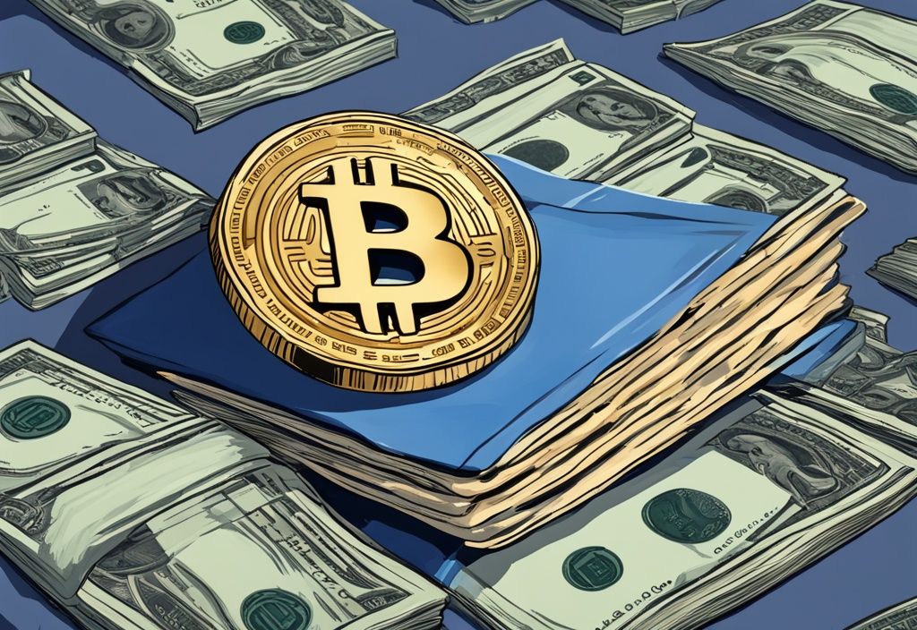 Moderne digitale Illustration mit blauem Farbschema, eine goldene Bitcoin-Münze überwiegt auf einer Waage einen großen Stapel Dollar-Scheine, warum ist Bitcoin so viel wert.