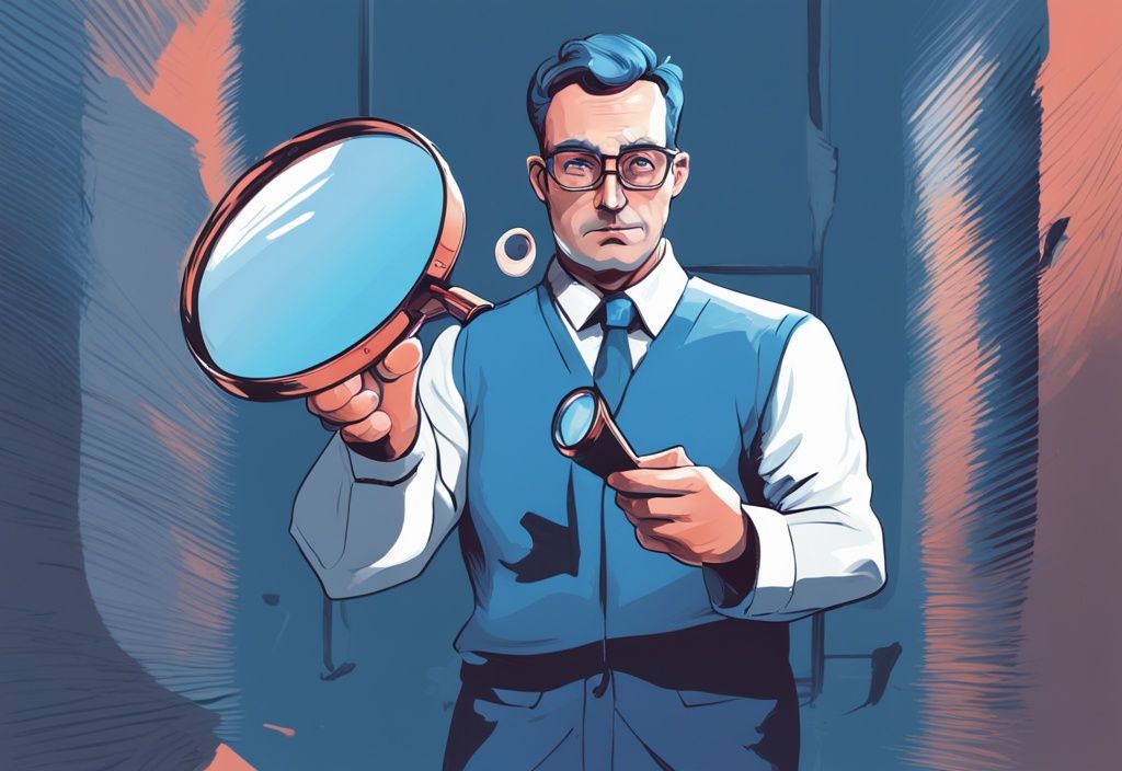 Moderne digitale Malerei mit blauem Farbschema, ein physisches NFT wird von einem Karikatur-IRS-Agenten mit einer großen Lupe untersucht.