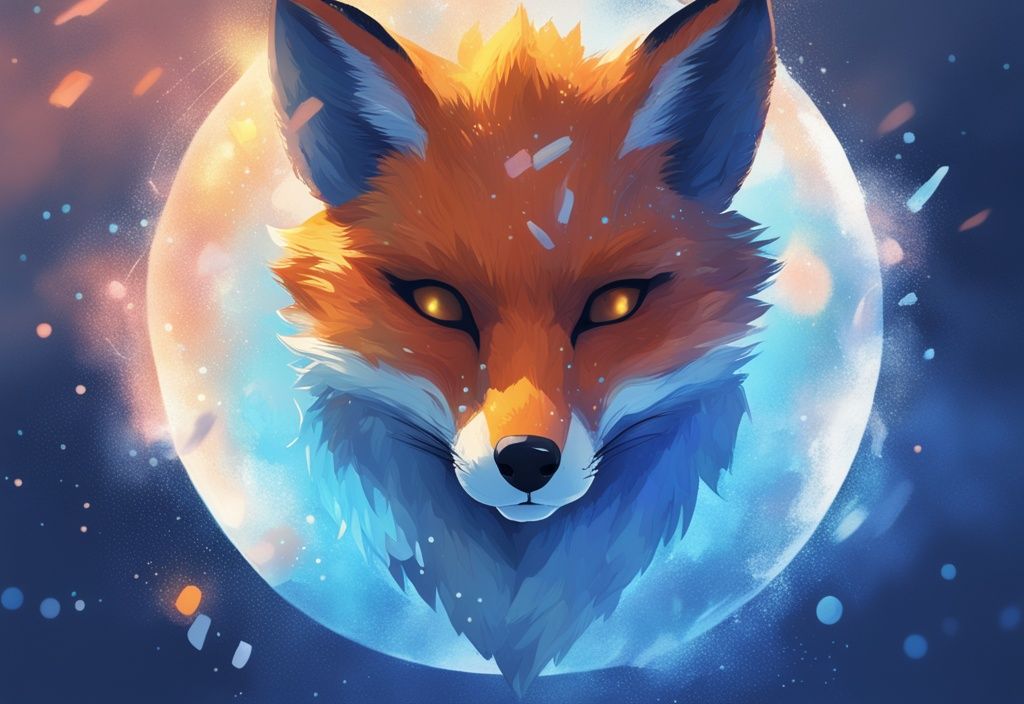 Moderne digitale Malerei mit blauem Farbschema, MetaMask-Fuchsmaske schwebt über einer hell erleuchteten Erde in einem Himmel voller Datenpartikel.