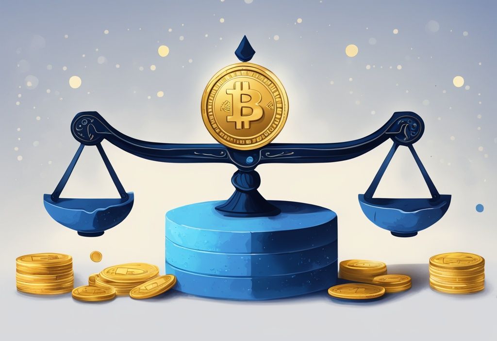Digitale moderne Illustration einer Waage mit blauer Farbgebung und goldenen Münzen mit Kryptowährungssymbolen, die das Konzept des Krypto-Leverage darstellen.