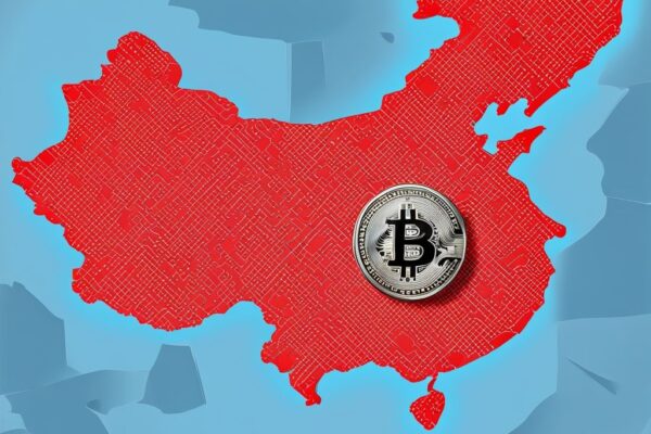 Symbolische Darstellung von "China Bitcoin illegal" mit Bitcoin-Symbol und rotem Kreuz vor der China-Karte.
