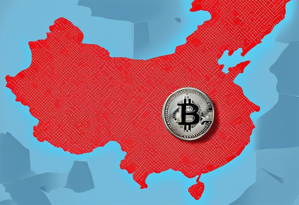 Symbolische Darstellung von "China Bitcoin illegal" mit Bitcoin-Symbol und rotem Kreuz vor der China-Karte.