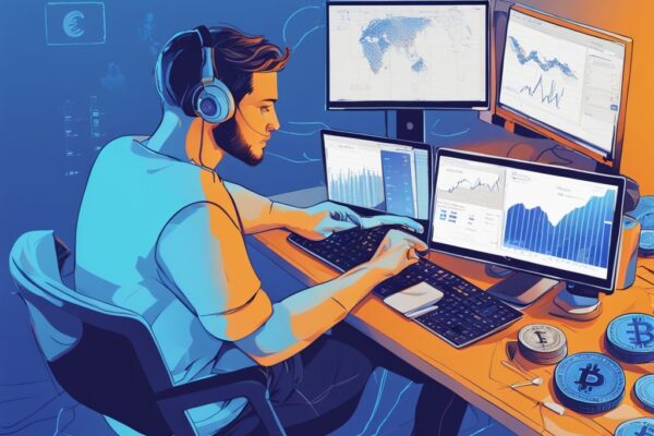 Unabhängige CoinTracking Erfahrungen & Bewertung – Ihre Erfolgsbilanz Moderne digitale Illustration einer Person vor einem Computer mit geöffnetem CoinTracking und Anzeige von Charts und Statistiken verschiedener digitaler Währungen, CoinTracking Erfahrungen.