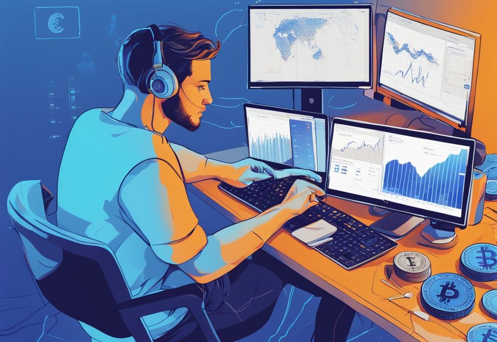 Moderne digitale Illustration einer Person vor einem Computer mit geöffnetem CoinTracking und Anzeige von Charts und Statistiken verschiedener digitaler Währungen, CoinTracking Erfahrungen.
