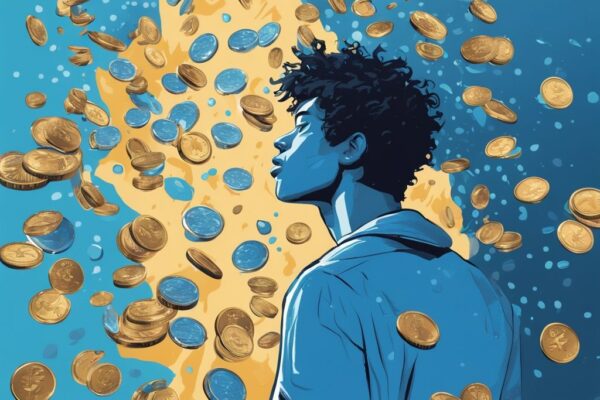 Moderne digitale Malerei mit blauem Farbschema, auf der MGC Coins auf einen stilvollen, jungen Menschen regnen, der überrascht und erfreut nach oben schaut, was ist MGC Coin.