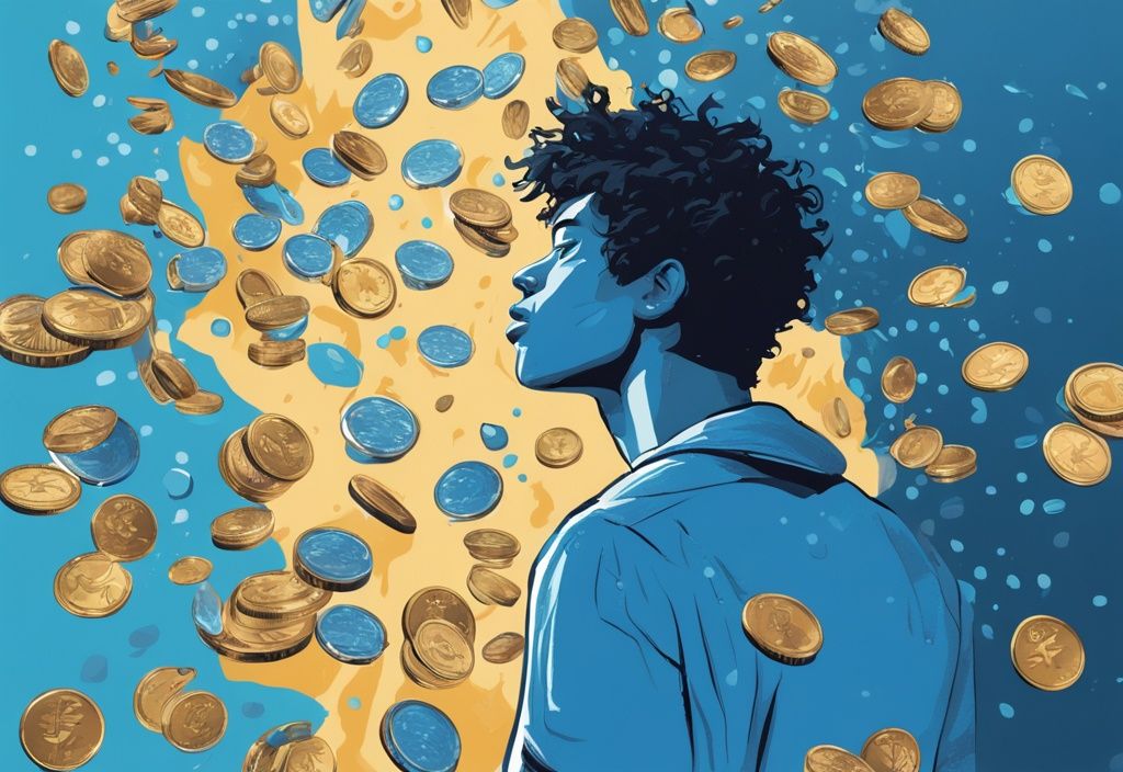 Moderne digitale Malerei mit blauem Farbschema, auf der MGC Coins auf einen stilvollen, jungen Menschen regnen, der überrascht und erfreut nach oben schaut, was ist MGC Coin.