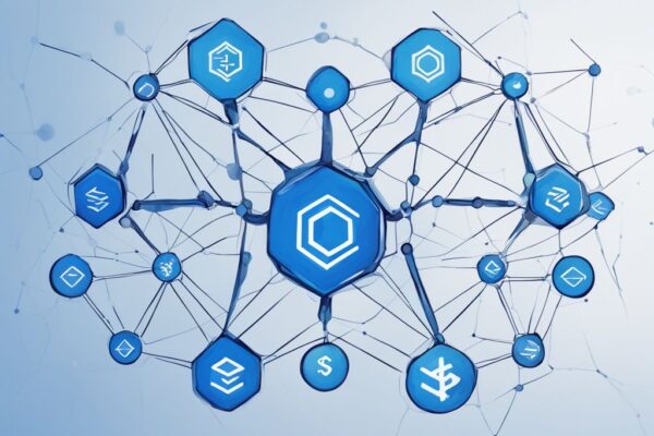 Moderne digitale Illustration mit blauem Farbschema, die ein Netzwerk von Knotenpunkten mit Symbolen verschiedener Kryptowährungen zeigt, um das Konzept der dezentralen Kryptobörsen zu symbolisieren.