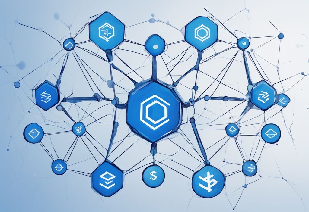 Moderne digitale Illustration mit blauem Farbschema, die ein Netzwerk von Knotenpunkten mit Symbolen verschiedener Kryptowährungen zeigt, um das Konzept der dezentralen Kryptobörsen zu symbolisieren.