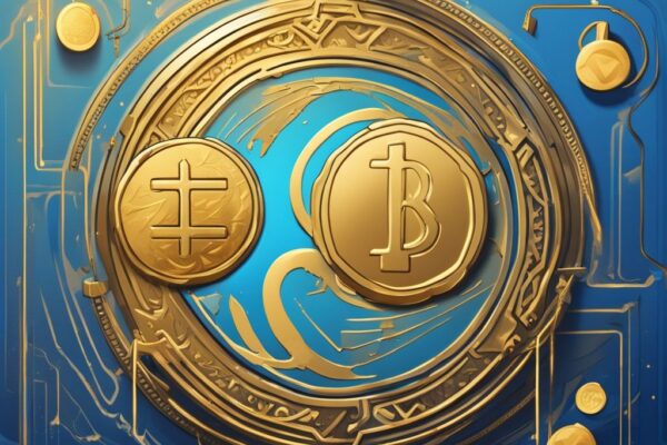 Moderne digitale Malerei mit blauem Farbschema, zeigt eine goldene Münze und ein digitales Token mit leuchtendem Symbol, getrennt durch eine gebrochene Linie, um den Unterschied Token und Coin darzustellen.