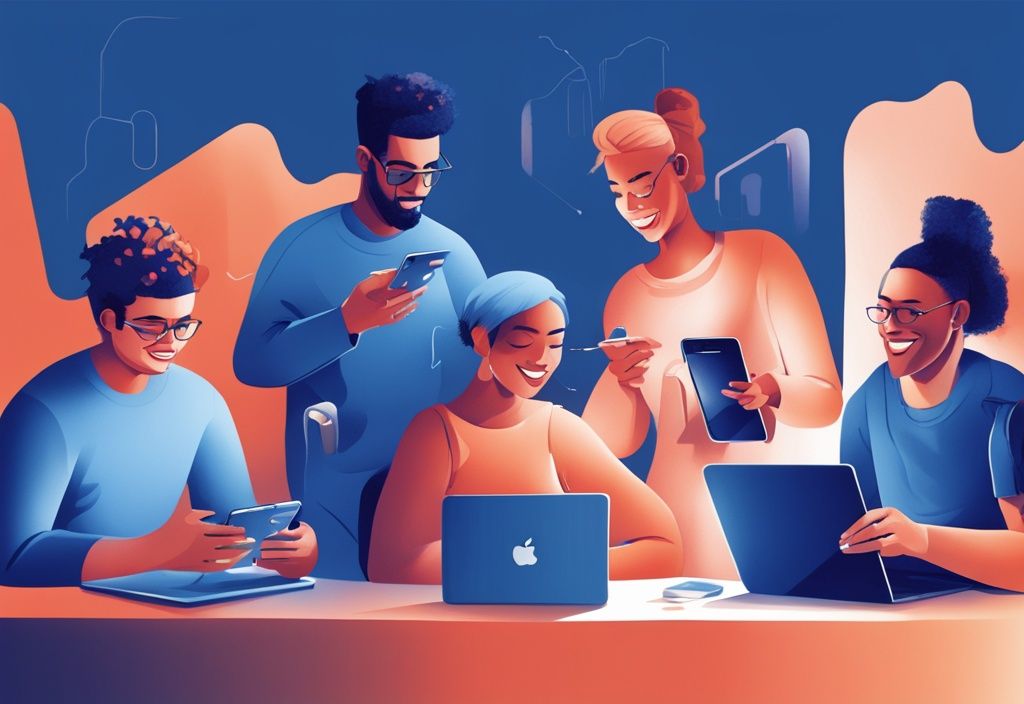 Moderne digitale Illustration mit blauem Farbschema, die eine vielfältige Gruppe von Personen zeigt, die die Accointing-App auf verschiedenen digitalen Geräten nutzen und Zufriedenheit sowie ergebnisorientierte Erfahrungen widerspiegeln.