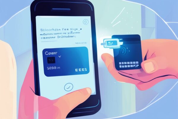 Benutzer interagiert mit digitaler Geldbörse auf Smartphone, drückt Bestätigungsknopf, Dialogfenster zeigt berechnete Blockchain Auszahlung Gebühren.