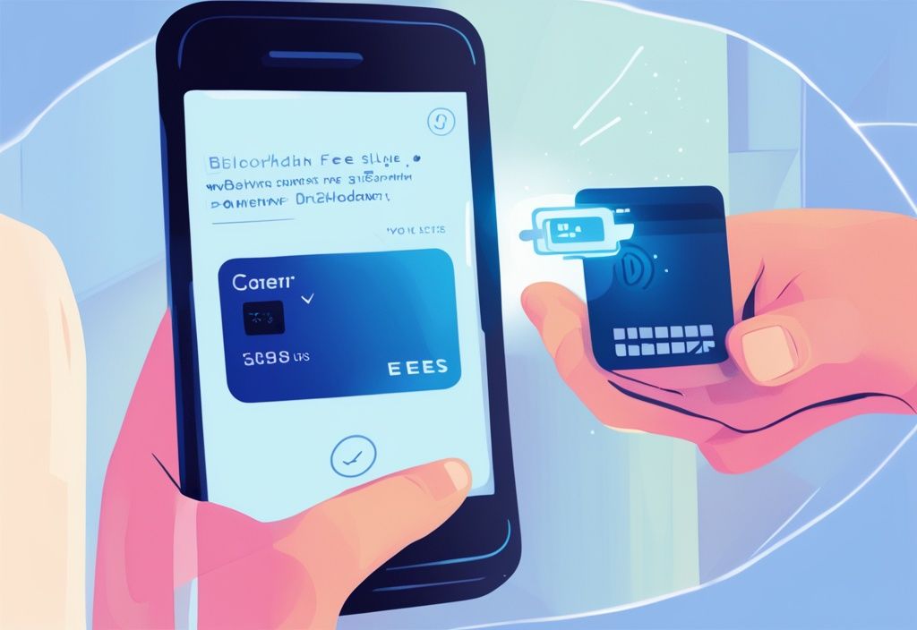 Benutzer interagiert mit digitaler Geldbörse auf Smartphone, drückt Bestätigungsknopf, Dialogfenster zeigt berechnete Blockchain Auszahlung Gebühren.