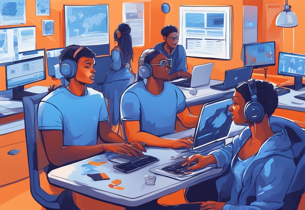 Moderne digitale Illustration mit blauem Farbschema, diverse Gruppe von Menschen vor Computern, die Transaktionen durchführen und ihre BTC Direct Erfahrungen zeigen.