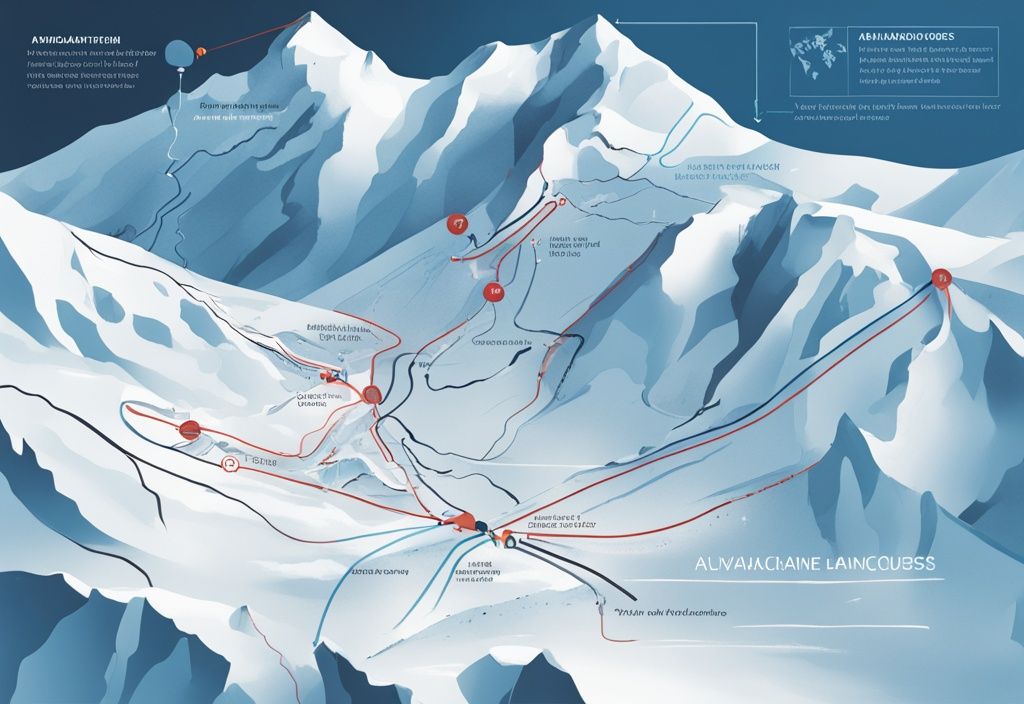 Moderne digitale Malerei, Infografik zur Avalanche Kurs Prognose, zeigt verschiedene Routen und potenzielle Lawinenverläufe in Blau.