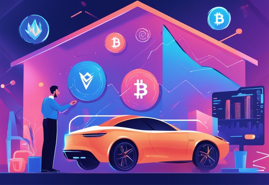 Moderne digitale Malerei mit einer Person, die begeistert einen Bildschirm mit einem aufsteigenden Kryptowährungskurs betrachtet, umgeben von Symbolen des Wohlstands wie einem Luxusauto und einem stilvollen Haus; Kann man mit Krypto reich werden.