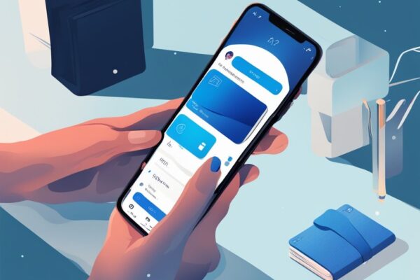 Moderne digitale Illustration in Blau: Hand hält Smartphone mit geöffnetem Muun Wallet App, zeigt verschiedene Funktionen und Features - Muun Wallet Test