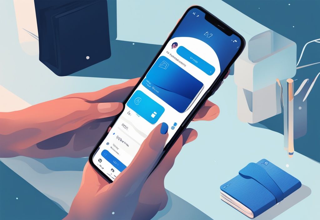 Moderne digitale Illustration in Blau: Hand hält Smartphone mit geöffnetem Muun Wallet App, zeigt verschiedene Funktionen und Features - Muun Wallet Test