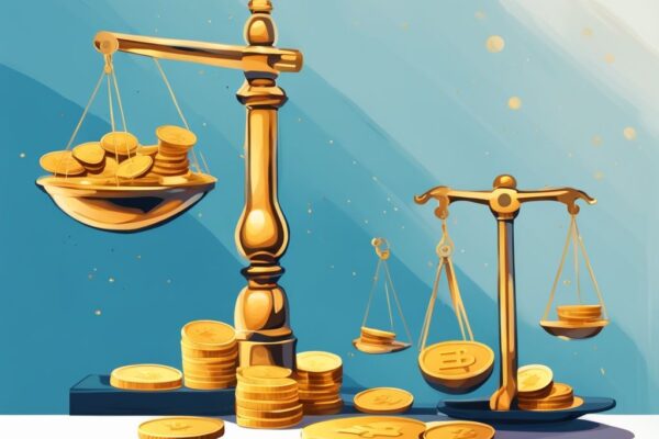 Moderne digitale Illustration in Blau: Eine Waage, bei der die Seite mit Goldmünzen schwerer ist als die mit einer einzelnen Kryptowährungsmünze, was zeigt, dass sich Staking lohnt.