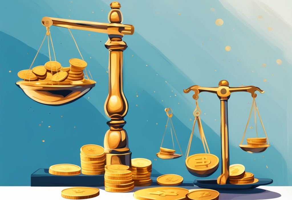 Moderne digitale Illustration in Blau: Eine Waage, bei der die Seite mit Goldmünzen schwerer ist als die mit einer einzelnen Kryptowährungsmünze, was zeigt, dass sich Staking lohnt.