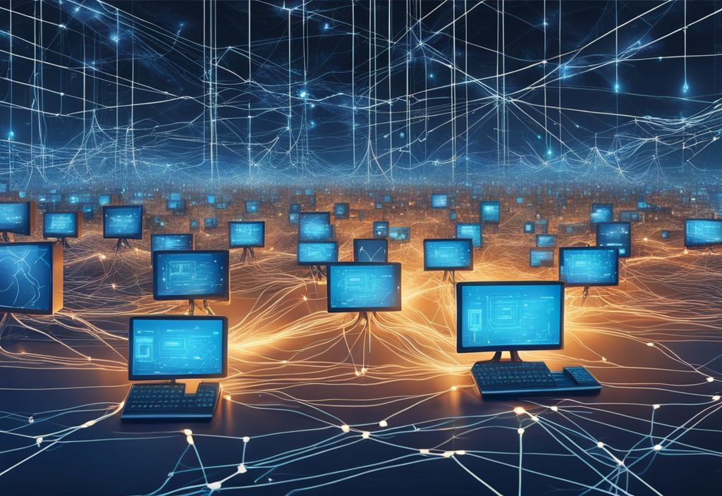 Moderne digitale Malerei mit blauer Farbgebung, vernetzte Computer symbolisieren Hashrate im Kryptowährungs-Mining.