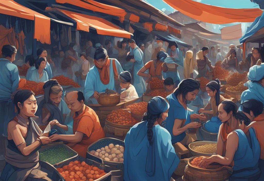 Marktplatz mit Naga-Händlern, die lebhaft Waren tauschen und Geschichten teilen, Naga Trading Erfahrungen.