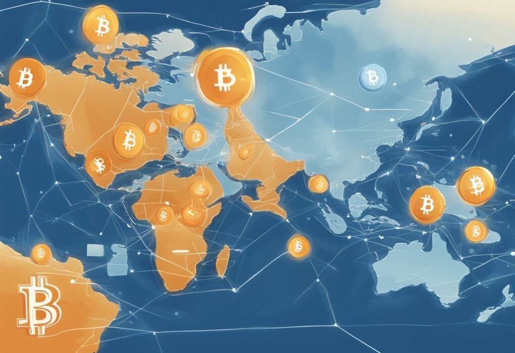 Moderne digitale Malerei mit blauem Farbschema, zeigt eine Karte mit markierten Orten, wo kann ich mit Bitcoin bezahlen.