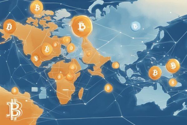 Wo kann ich mit Bitcoin bezahlen? Finden Sie Bitcoin-Akzeptanzstellen! Moderne digitale Malerei mit blauem Farbschema, zeigt eine Karte mit markierten Orten, wo kann ich mit Bitcoin bezahlen.
