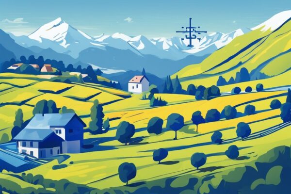 Moderne digitale Malerei einer Schweizer Landschaft mit Bitcoin-Symbol und Schweizer Steuersymbolen, Thema: Schweiz Krypto Steuern.