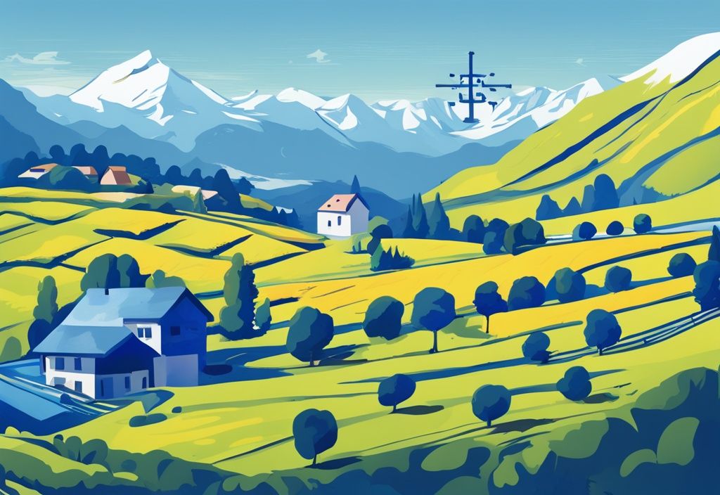 Moderne digitale Malerei einer Schweizer Landschaft mit Bitcoin-Symbol und Schweizer Steuersymbolen, Thema: Schweiz Krypto Steuern.