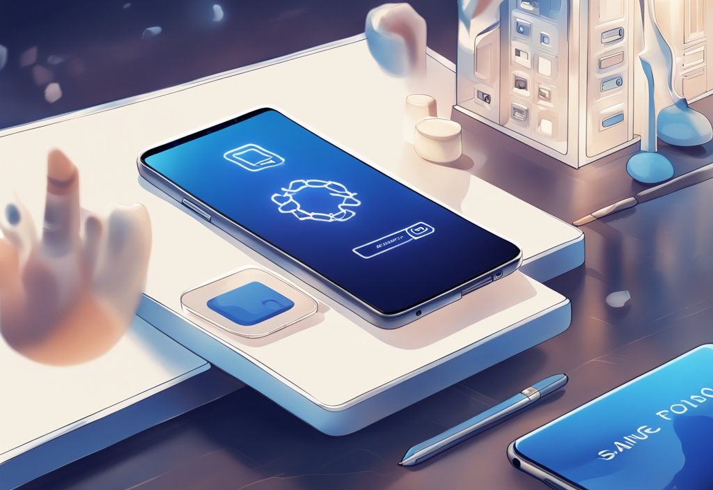 Moderne digitale Illustration eines Samsung-Smartphones mit einer interaktiven und sicheren App, die den Samsung Blockchain Keystore symbolisiert, Hauptfarbthema Blau.