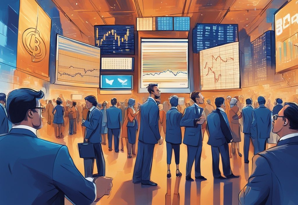 Moderne digitale Malerei einer belebten Wall Street-Szene mit blauem Farbschema, großer Bildschirm zeigt schwankende Krypto- und Aktienmarktdiagramme, diverse Investoren sind sichtbar aufgeregt oder besorgt.