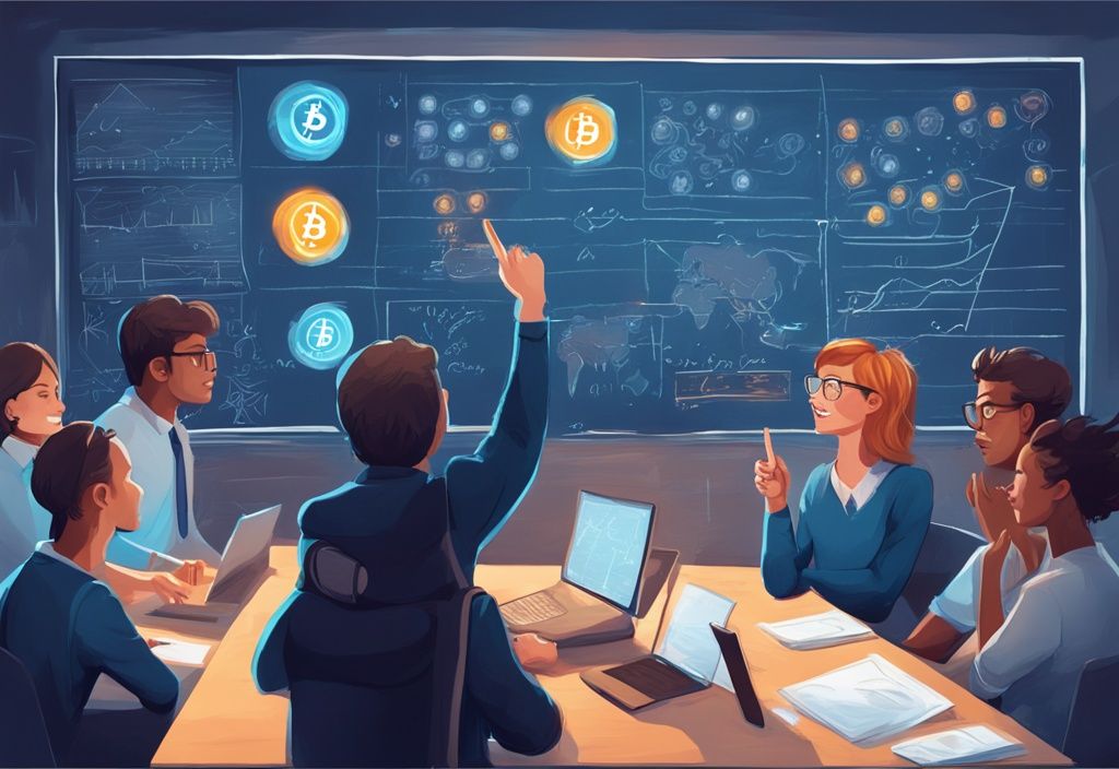 Moderne digitale Malerei mit blauem Farbschema, junge Lehrerin zeigt begeistert auf eine Tafel mit einfachen Skizzen und Infografiken zu grundlegenden Kryptowährungskonzepten, während neugierige Anfänger aufmerksam zuschauen und lernen.