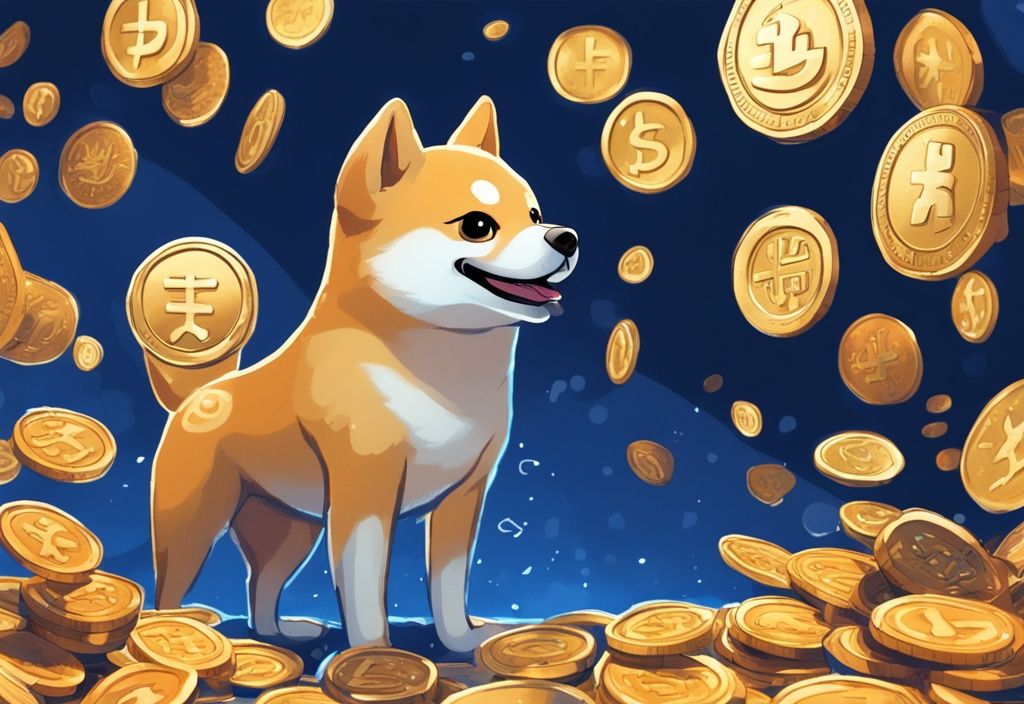 Spielerischer Shiba Inu Hund mit animierten, glänzenden digitalen Münzen, die den Playdoge Coin darstellen, in einer modernen digitalen Malerei mit blauem Farbthema.