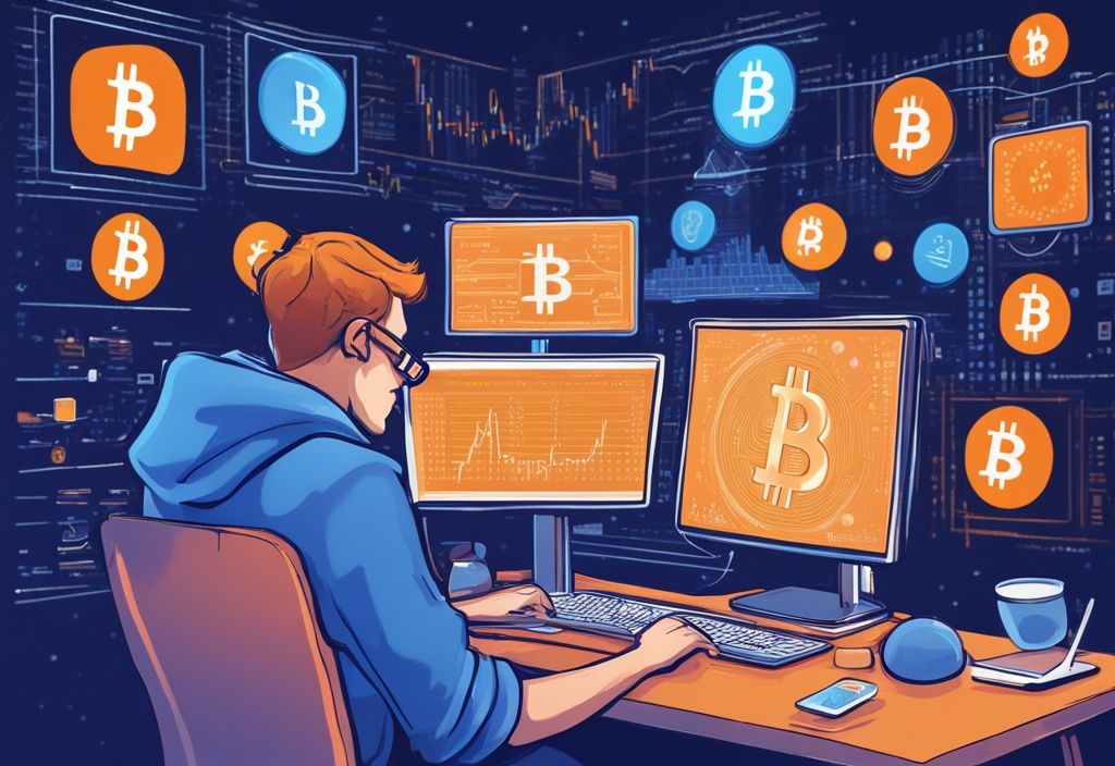 Moderner digitaler Gemälde-Illustration eines Anfänger-Traders, der eine benutzerfreundliche Krypto-Börsenoberfläche mit Bitcoin- und anderen Kryptowährungssymbolen im Vordergrund auf seinem Computer nutzt, Hauptfarbthema Blau.