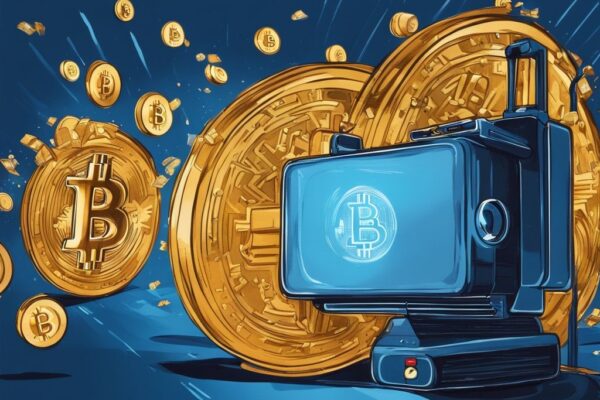 Moderne digitale Malerei mit blauem Farbschema, ein Kino-Projektor strahlt Bitcoin-Symbole auf eine große Leinwand - Movie2k Bitcoins.