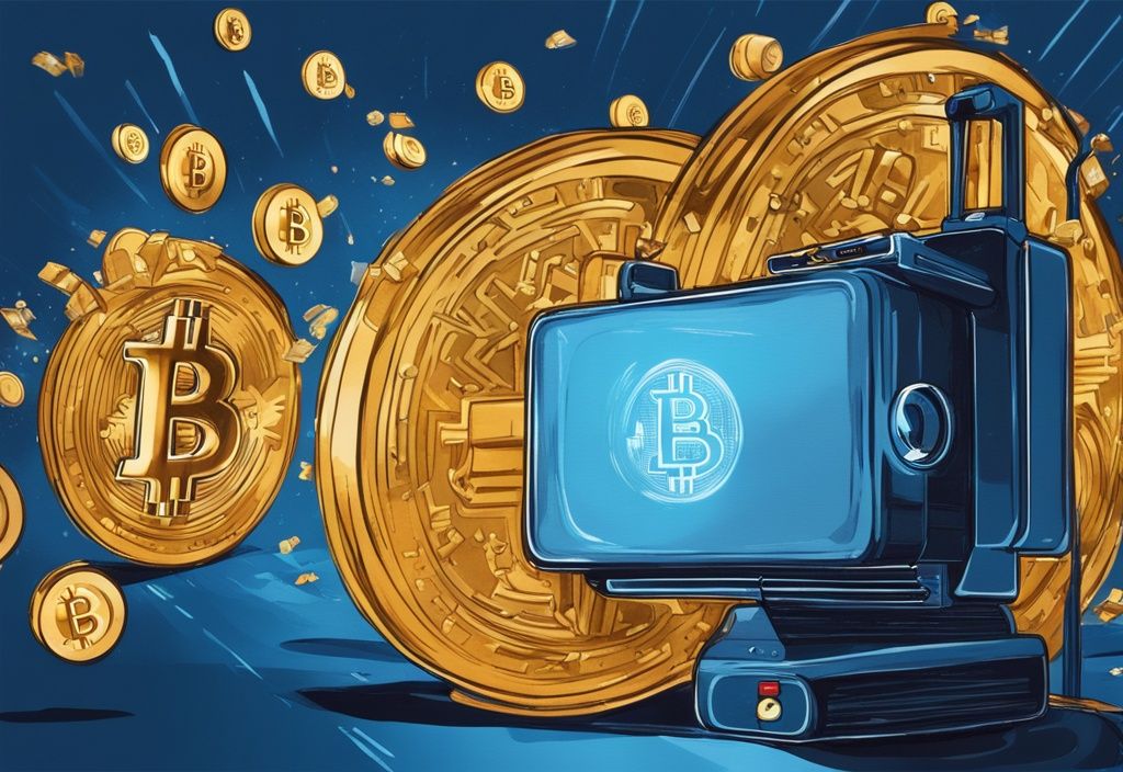 Moderne digitale Malerei mit blauem Farbschema, ein Kino-Projektor strahlt Bitcoin-Symbole auf eine große Leinwand - Movie2k Bitcoins.